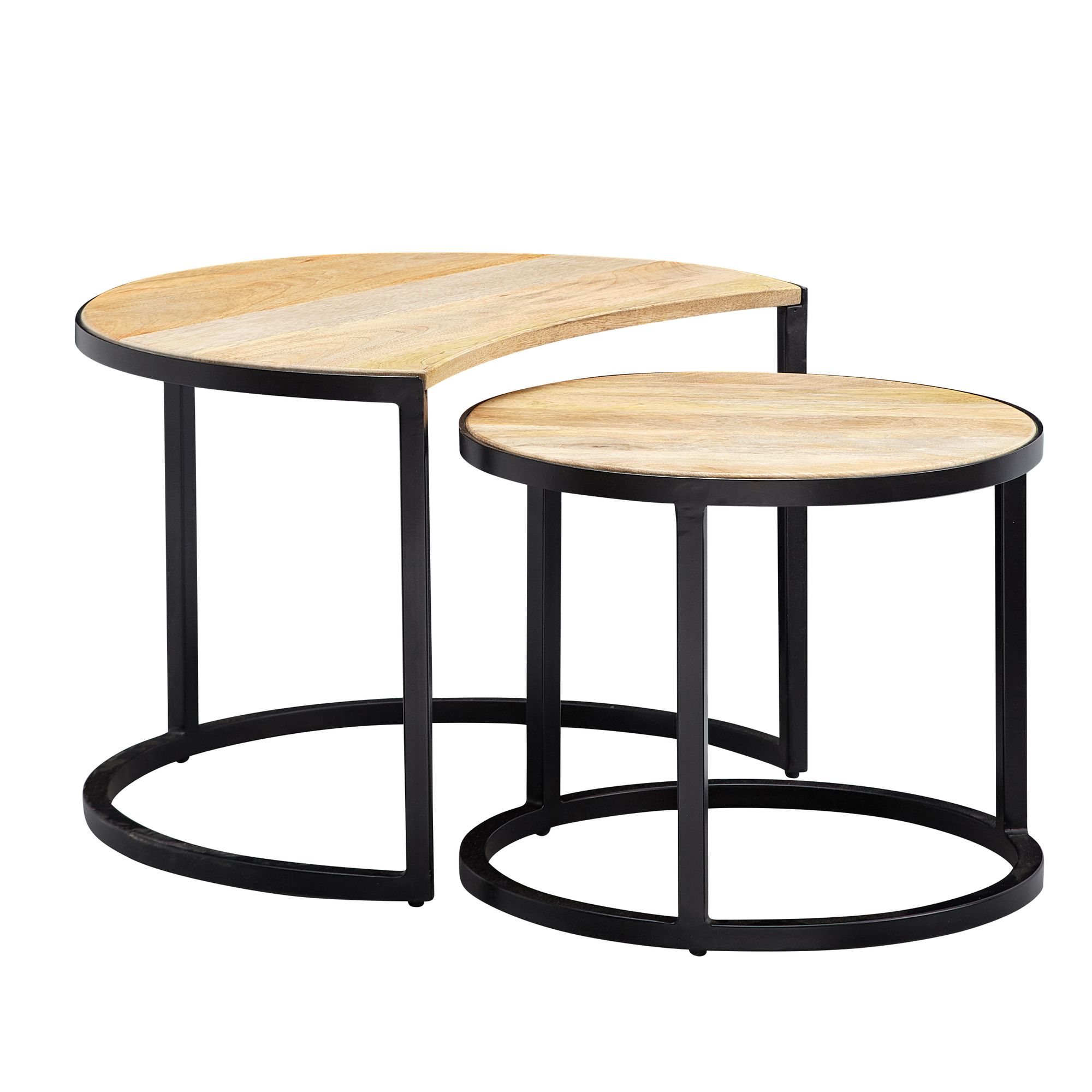 2-Piece Round Mango Solid Wood Coffee Tables Set | Black Metal | 60x41 cm & 44x36 cm