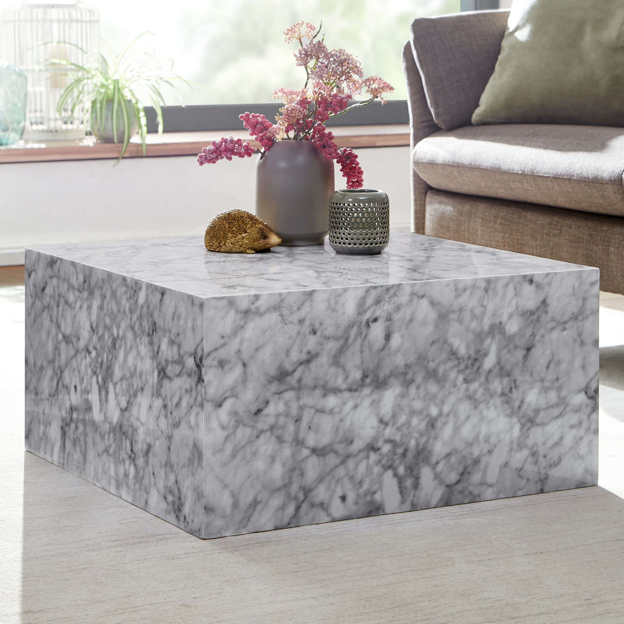 Čtvercový konferenční stolek MDF bílý vysoký lesk mramorový efekt | 60x30x60 cm | Moderní design kostka