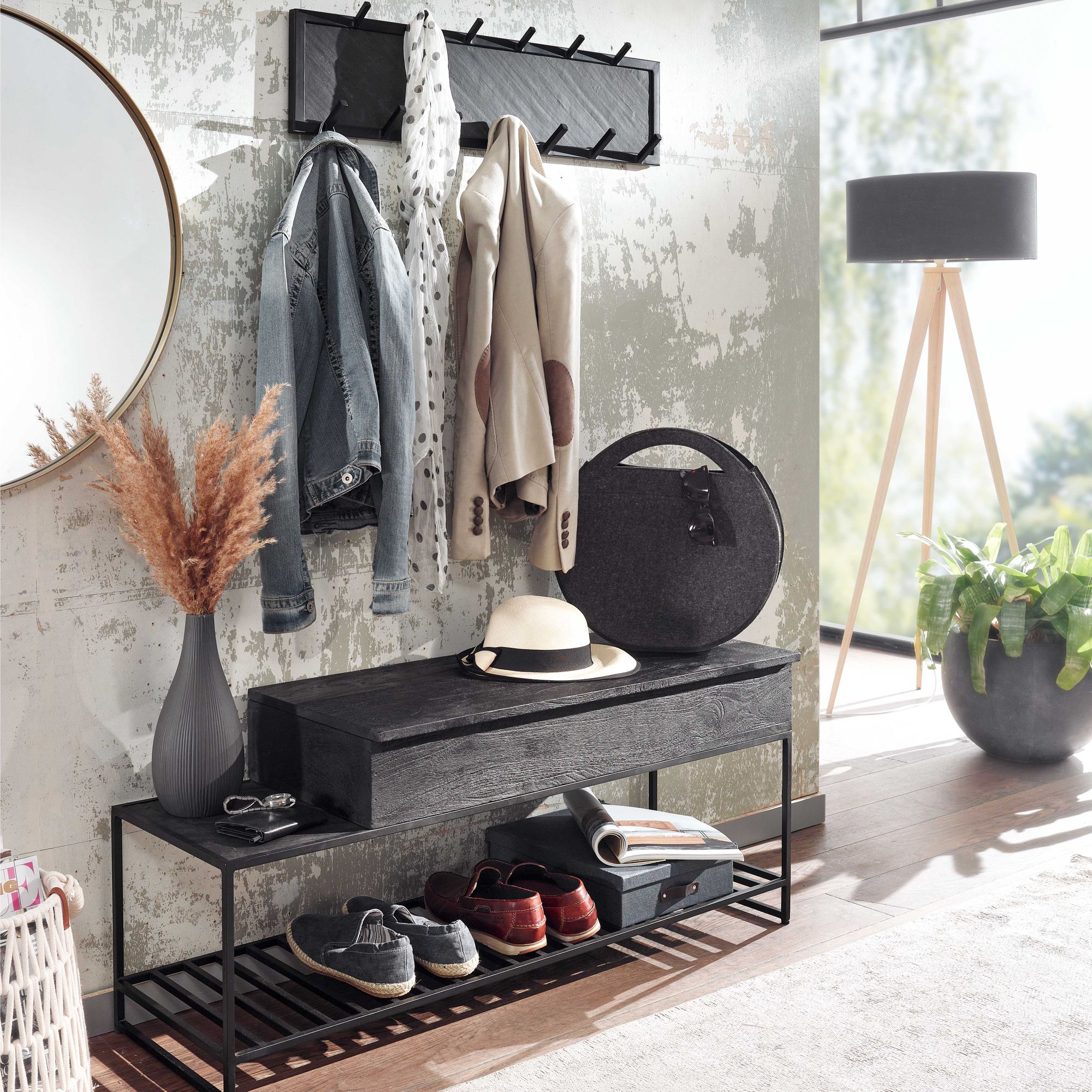 Lavice s nástěnným věšákem Masivní mango dřevo Černá | 110x48,5x37 cm | Industriální styl Lavice s nástěnným věšákem Masivní mango dřevo Černá | 110x48,5x37 cm | Industriální styl