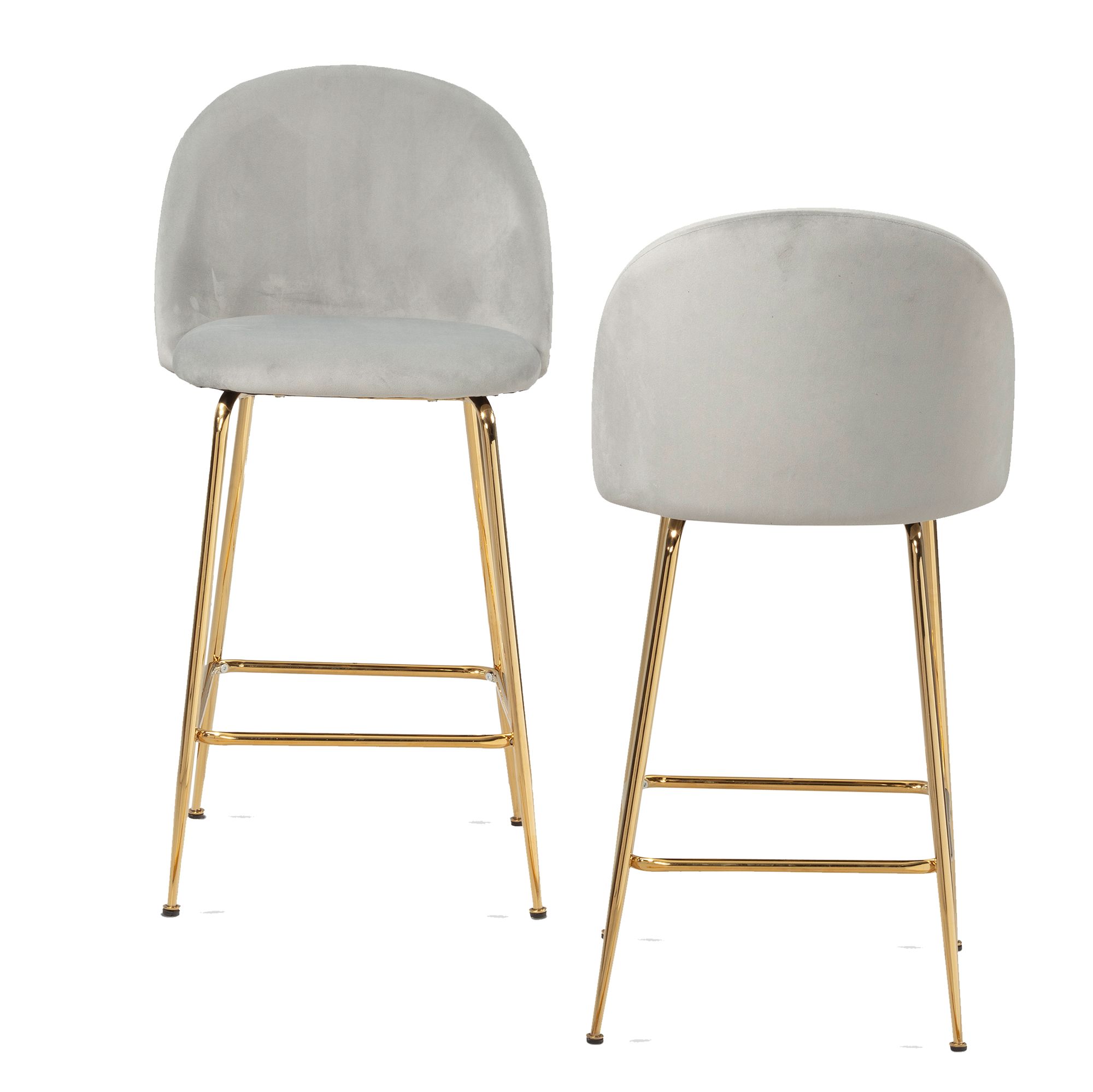 2-Piece Set Grey Velvet Bar Stools | Golden Metal Legs | 50x50x102 cm