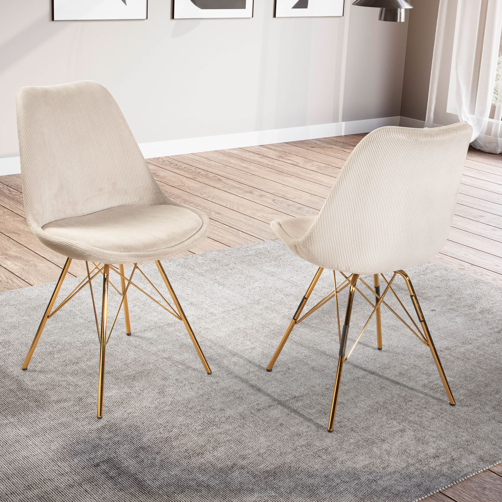 2-Pack Cara Dining Chairs Beige Fabric | Golden Metal Legs | Modern Scandinavian Design