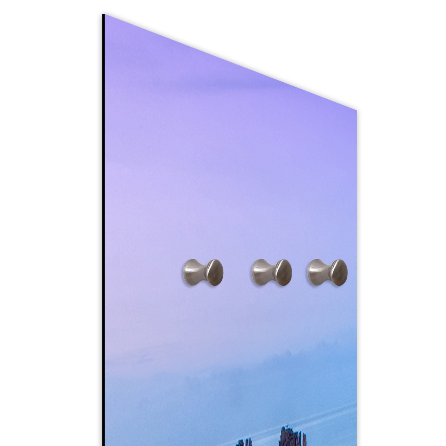 Coat rack made of fiberboard and satin paper with a drawing of an evening by the sea