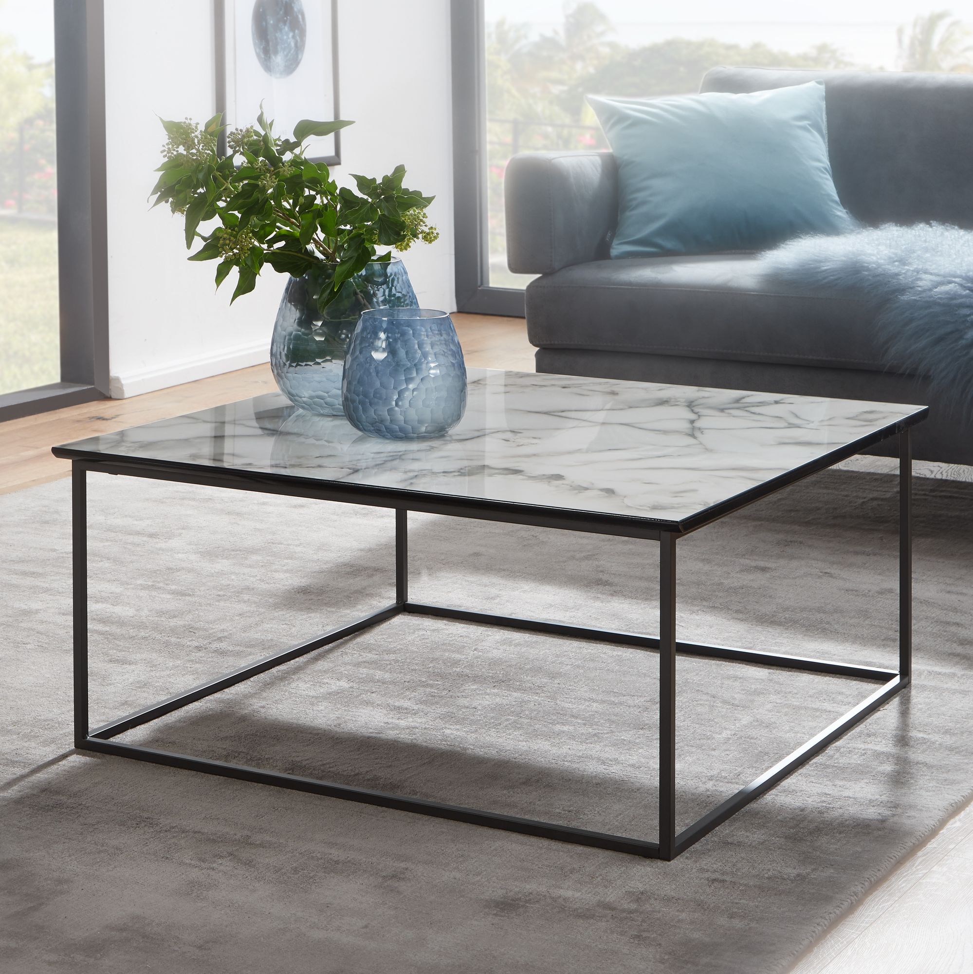 Čtvercový konferenční stolek 80x38x80 cm | Bílý mramorový vzhled desky | Černý kovový rám