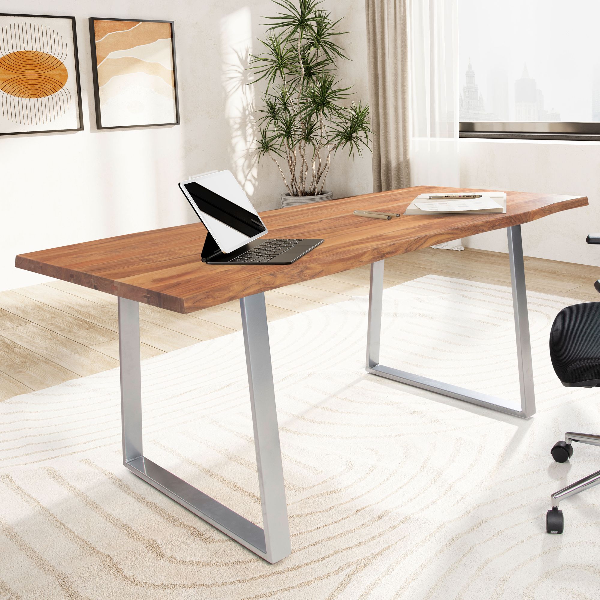 Desk 120x60x76 cm | Solid Acacia Wood | Natural Edge Golden Surface with Chrome Legs