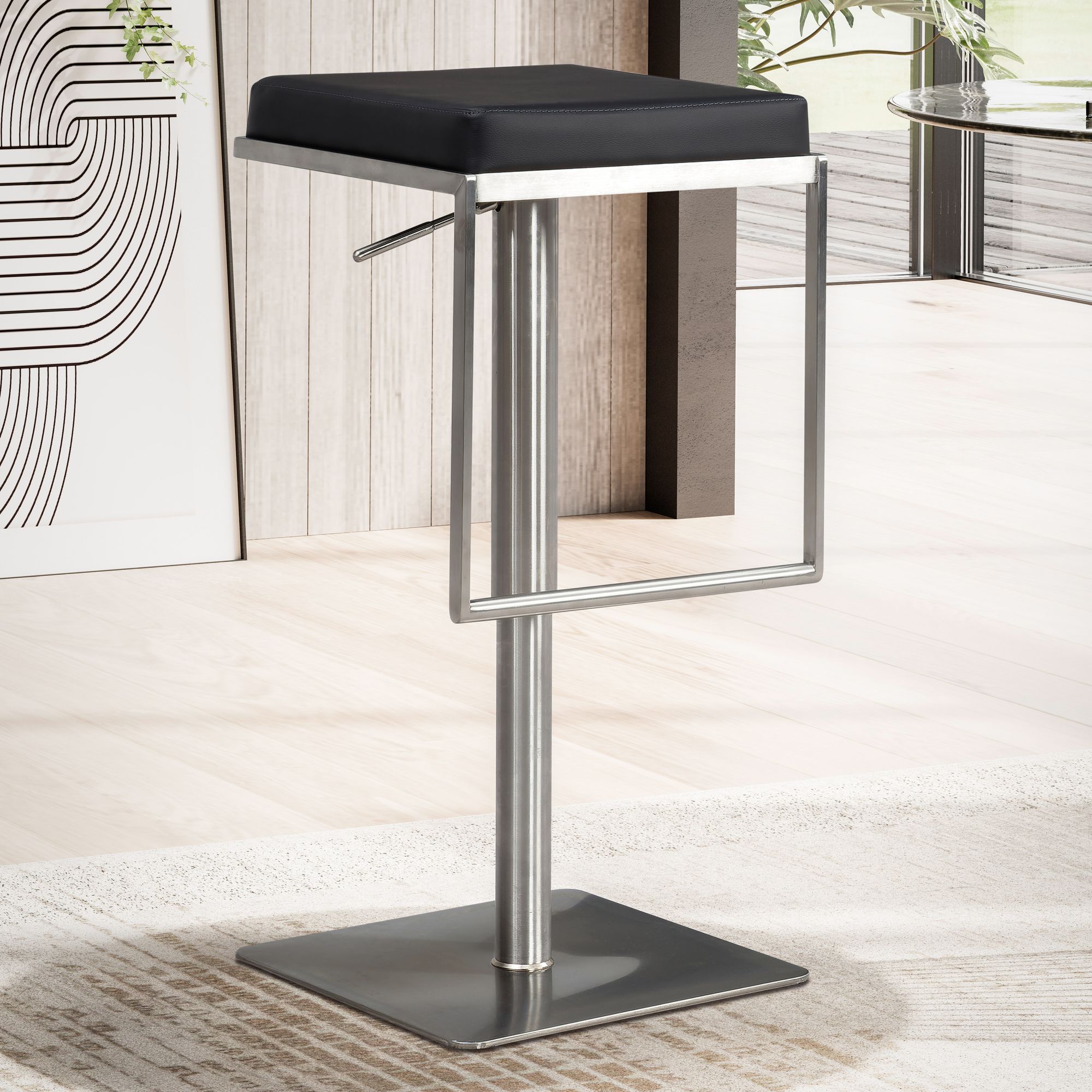 Černá barová židle z umělé kůže s nerezovým rámem | Moderní design | Polstrované nastavitelný sedák (73-91 cm)