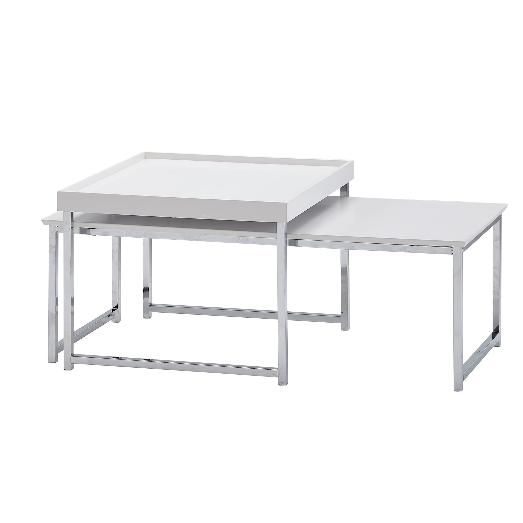 2-Piece Coffee Table Set MDF Wood White Lacquered | Silver Metal Frame | Dimensions 110x48x37 cm & 60x60x45 cm