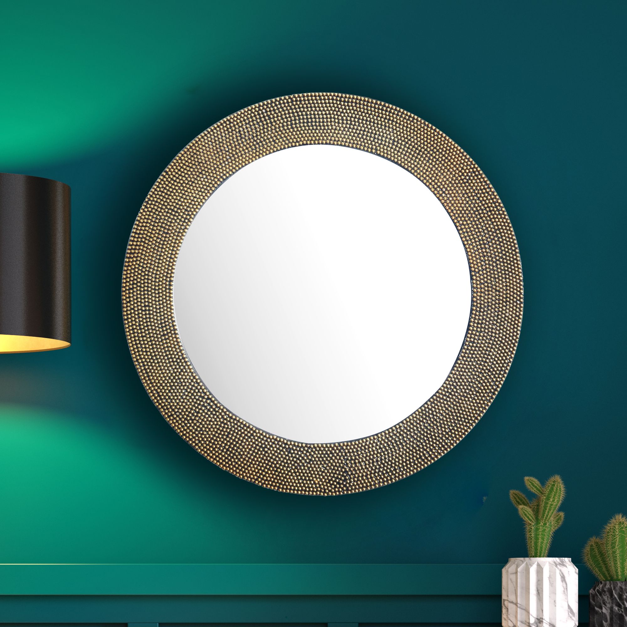 Kulaté Nástěnné Zrcadlo 60 cm Zlatý Kov Hliník Rámeček s Perličkami Design | Moderní Dekor