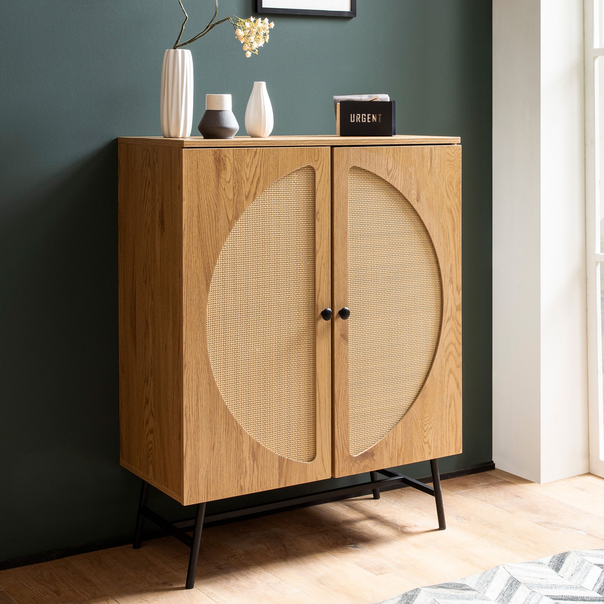 Komoda 80x103x39 cm | Hnědý dubový dekor s ratanovým pletením | Moderní úložná skříňka