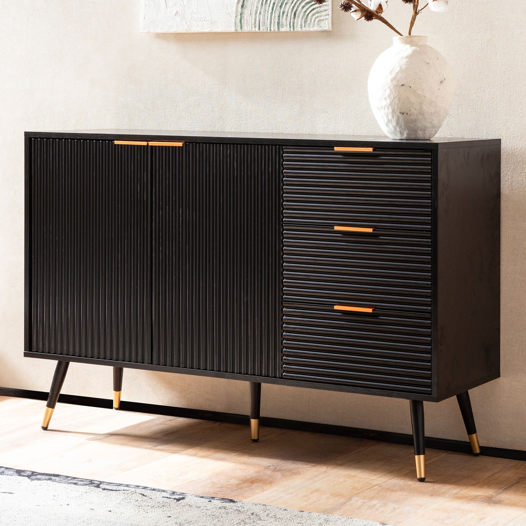 Komoda černá s dubovým dekorem | 120x80x40 cm | Moderní skříňka s dveřmi a zásuvkami