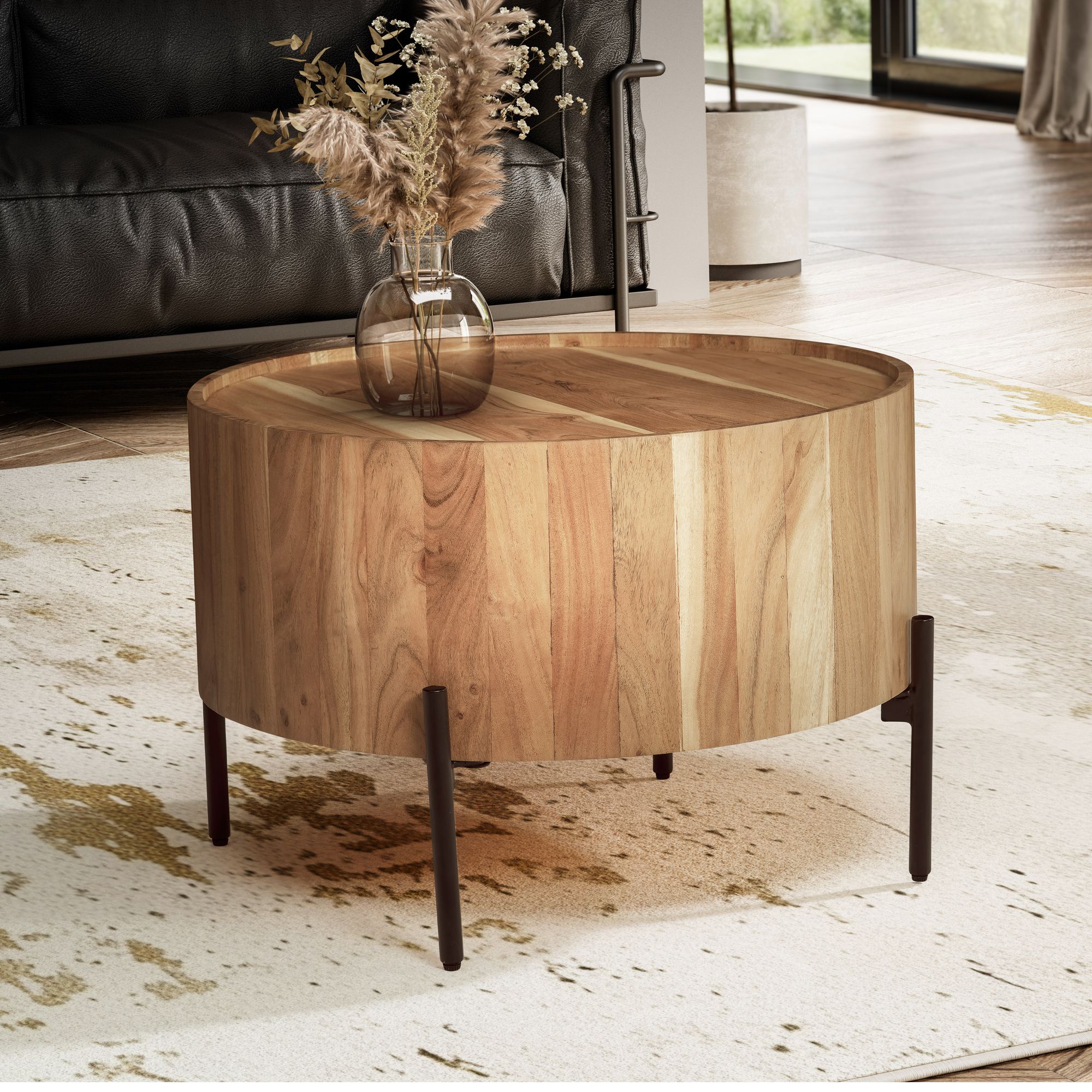 Design Konferenční Stolek Akácie Masivní Dřevo Černý Kov | 60x60x41 cm | Kulatá Deska