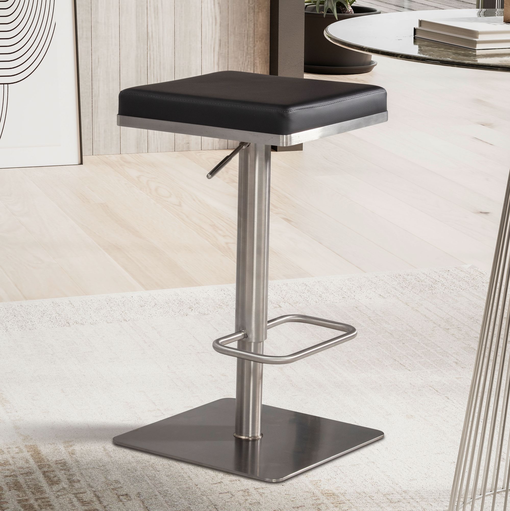 Černá barová židle z umělé kůže s nerezovým rámem | Moderní design | Polstrované nastavitelný sedák (53-82 cm)