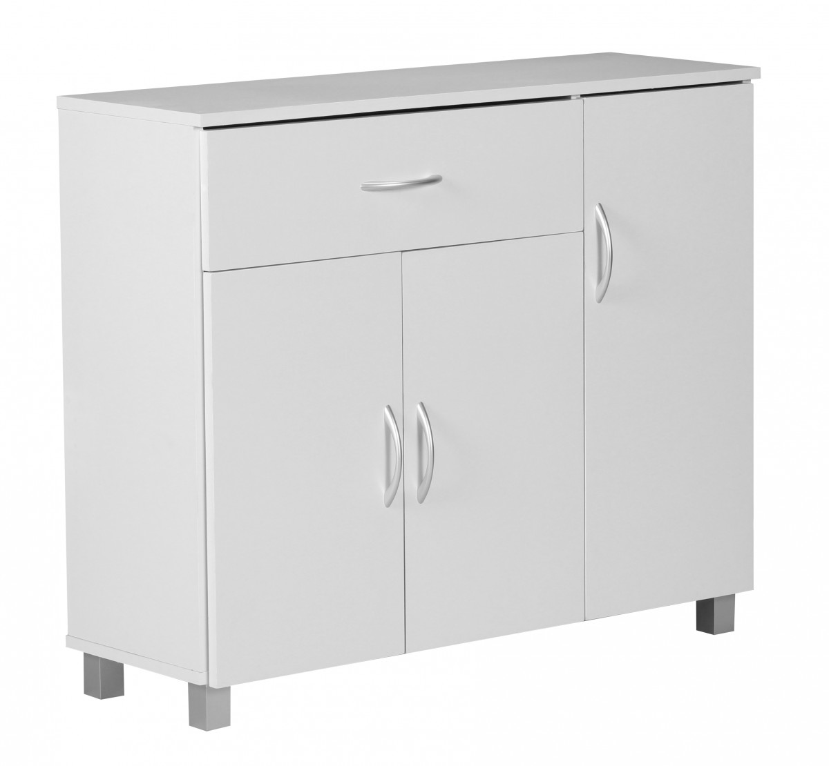 Design komoda SETE bílá matná 90 x 75 x 30 cm | 1 zásuvka & 3 dveře, šedé hliníkové úchyty