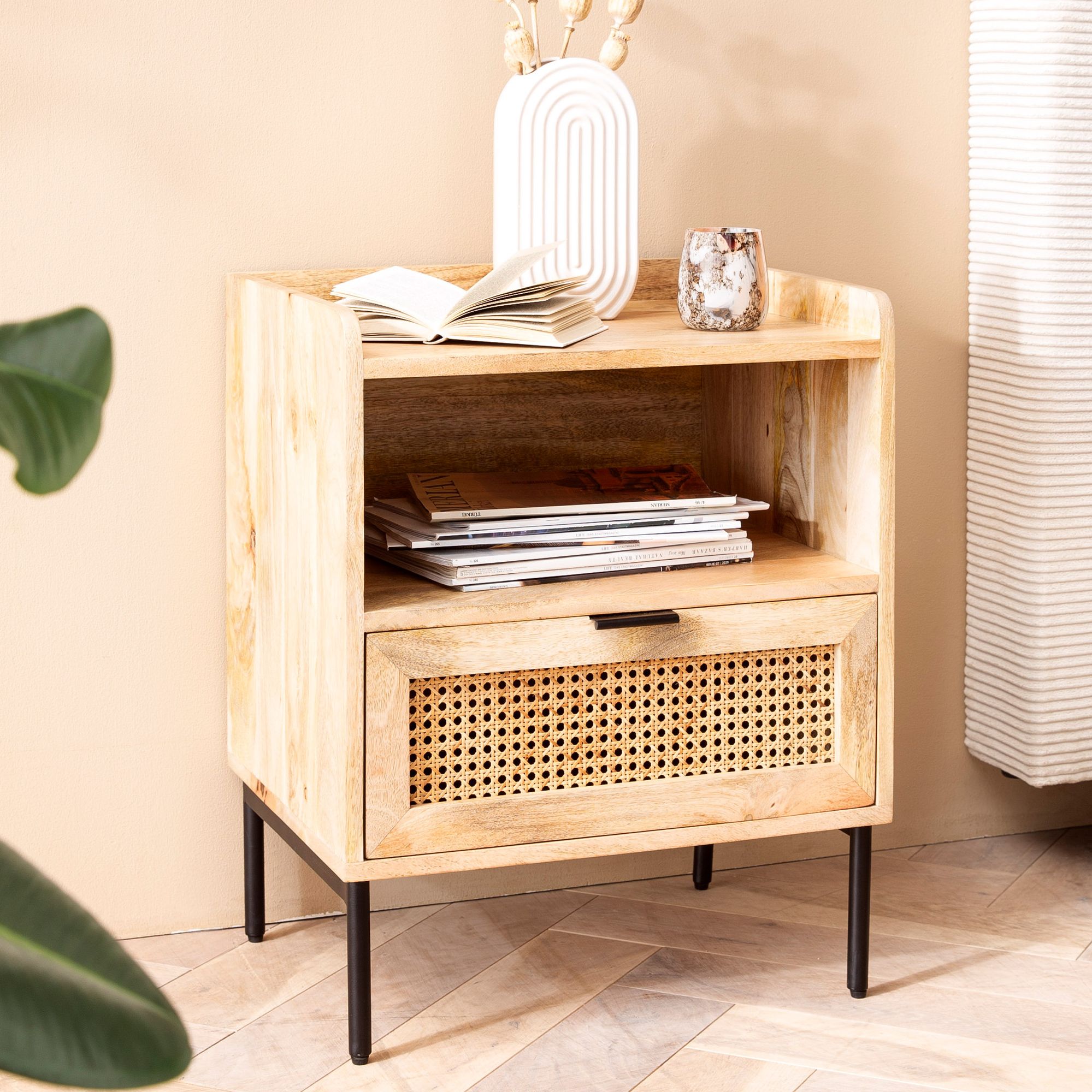 Noční konzole 50x60x40 cm Mango masivní dřevo / Ratan Hnědý | Noční stolek se zásuvkou a kovovou konstrukcí
