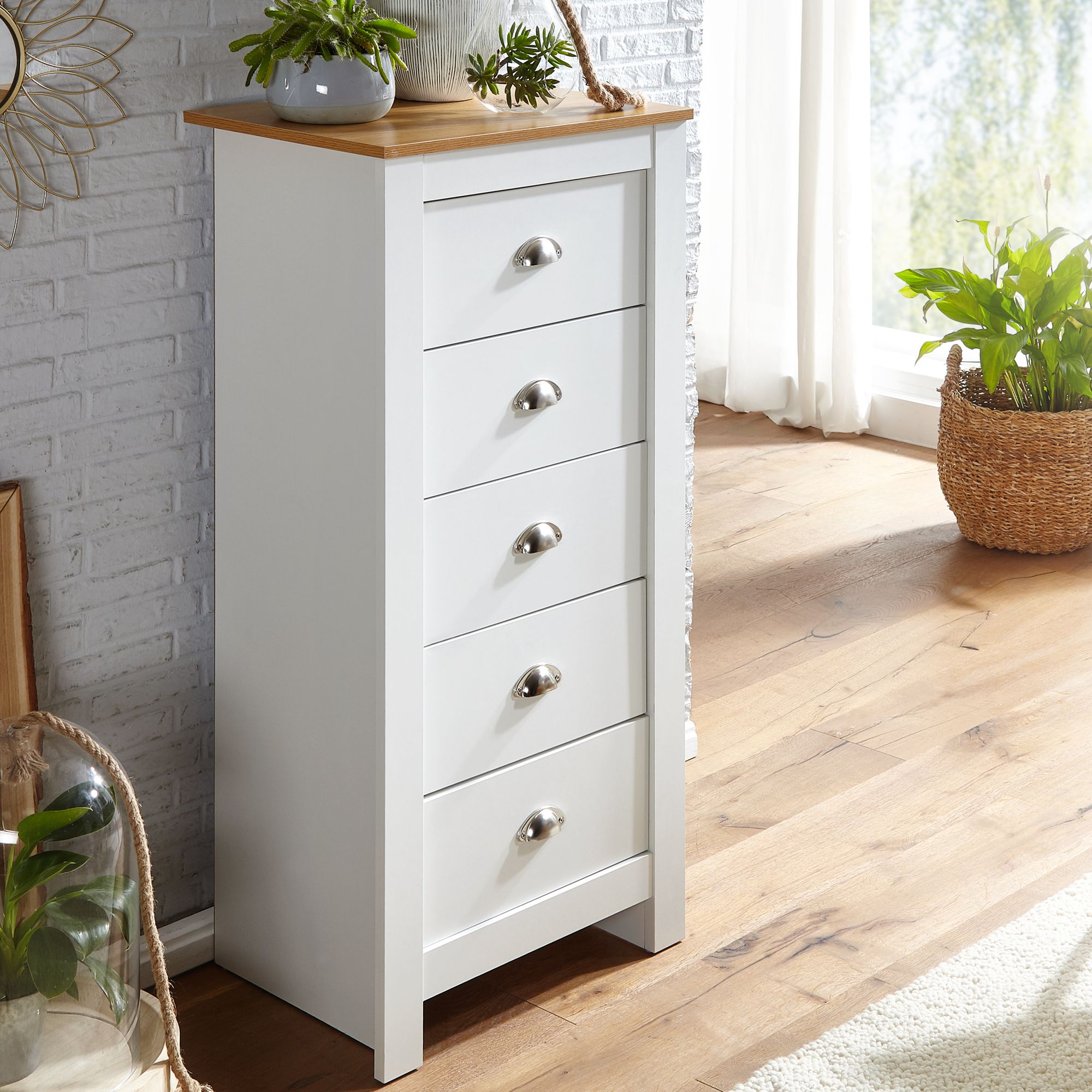 Komoda s 5 zásuvkami Bílá a dub moderní | 53x114x39 cm | Elegantní úložný nábytek