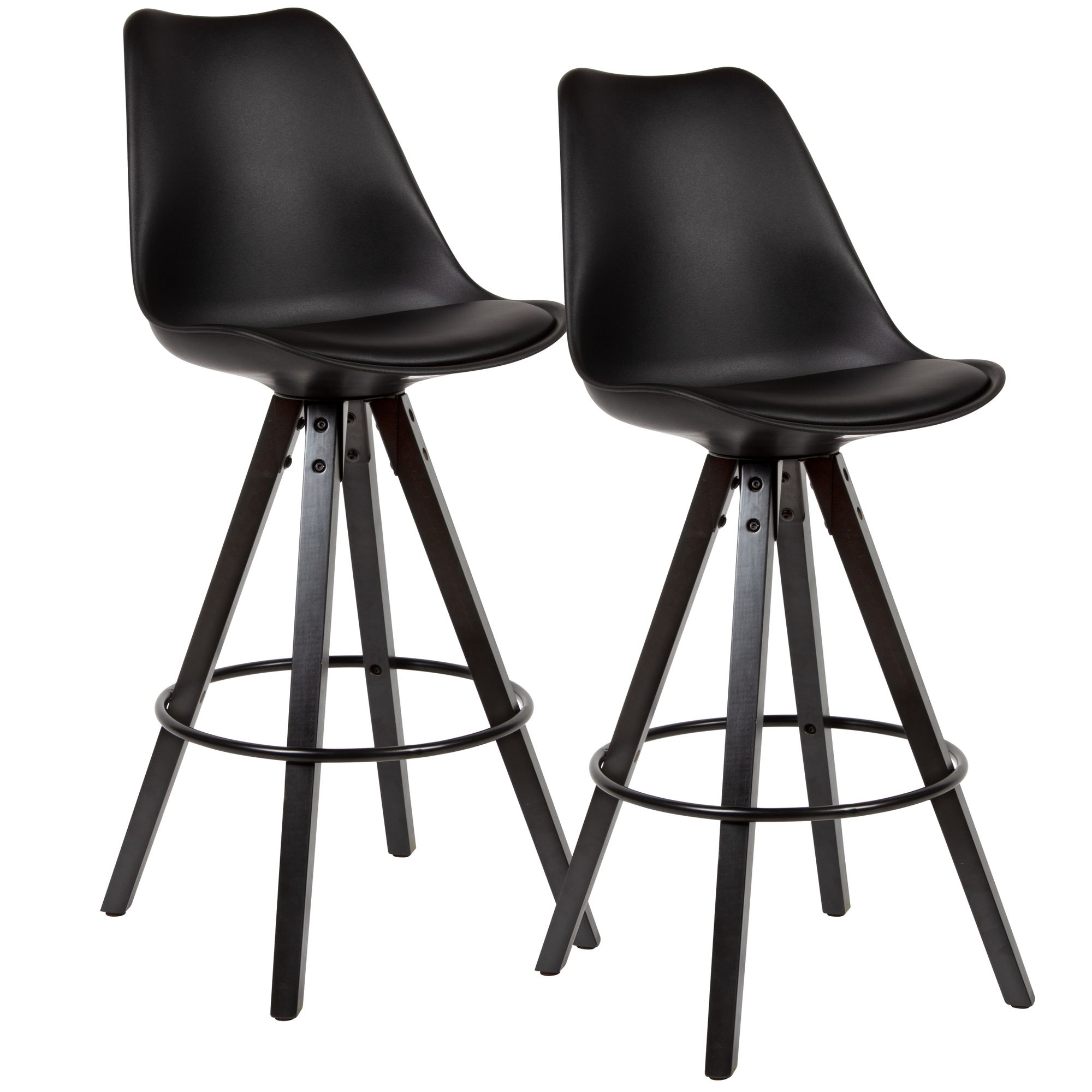 2-Piece Black Bar Stool Set Faux Leather | Solid Wood | Seat Height 77 cm
